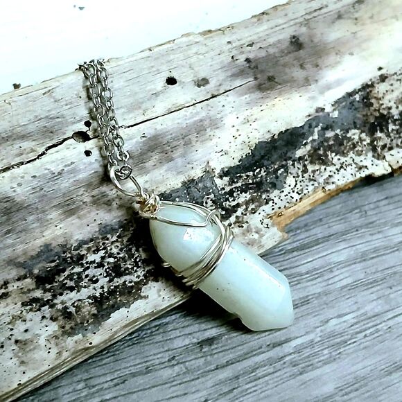 Double Terminated Amazonite Crystal Pendant Necklace - 18" Stainless Steel Boho - Picture 2 of 6